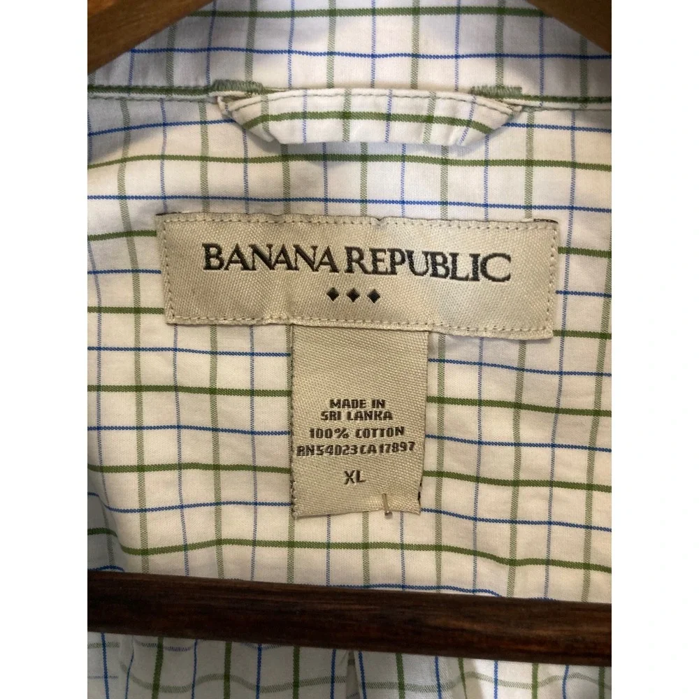 Preppy Banana Republic Mens XL Wht Green Blue Tattersall Check Button Down Shirt